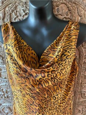 Animal Print Cowl Neck Slip Dress Gold and Black 100% Silk with polyester lining